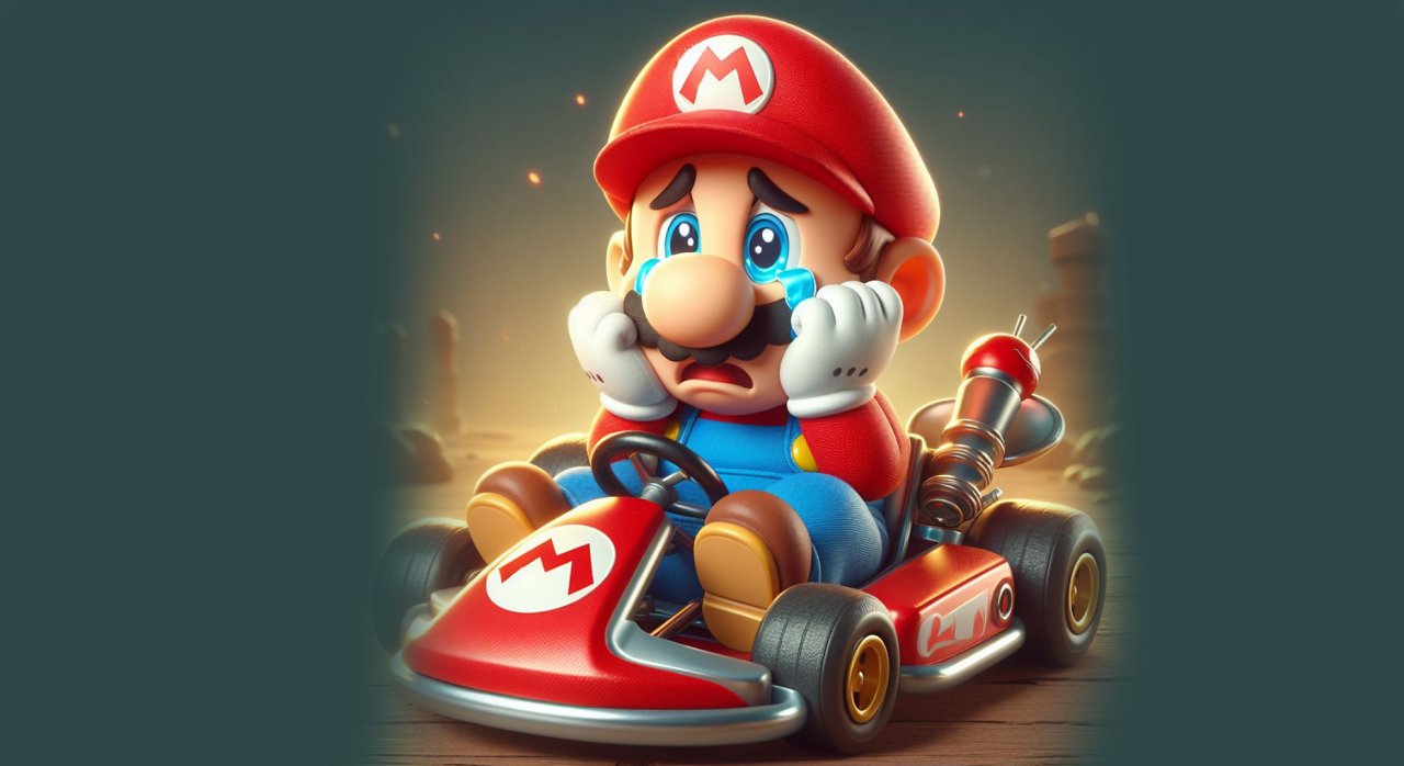 Mario sitzt greinend auf seinem Kart.