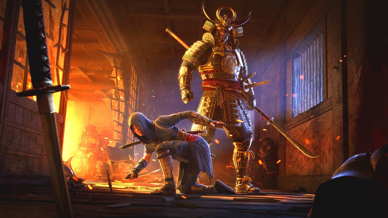 Yasuke und Naoe in einem brennenden Haus.