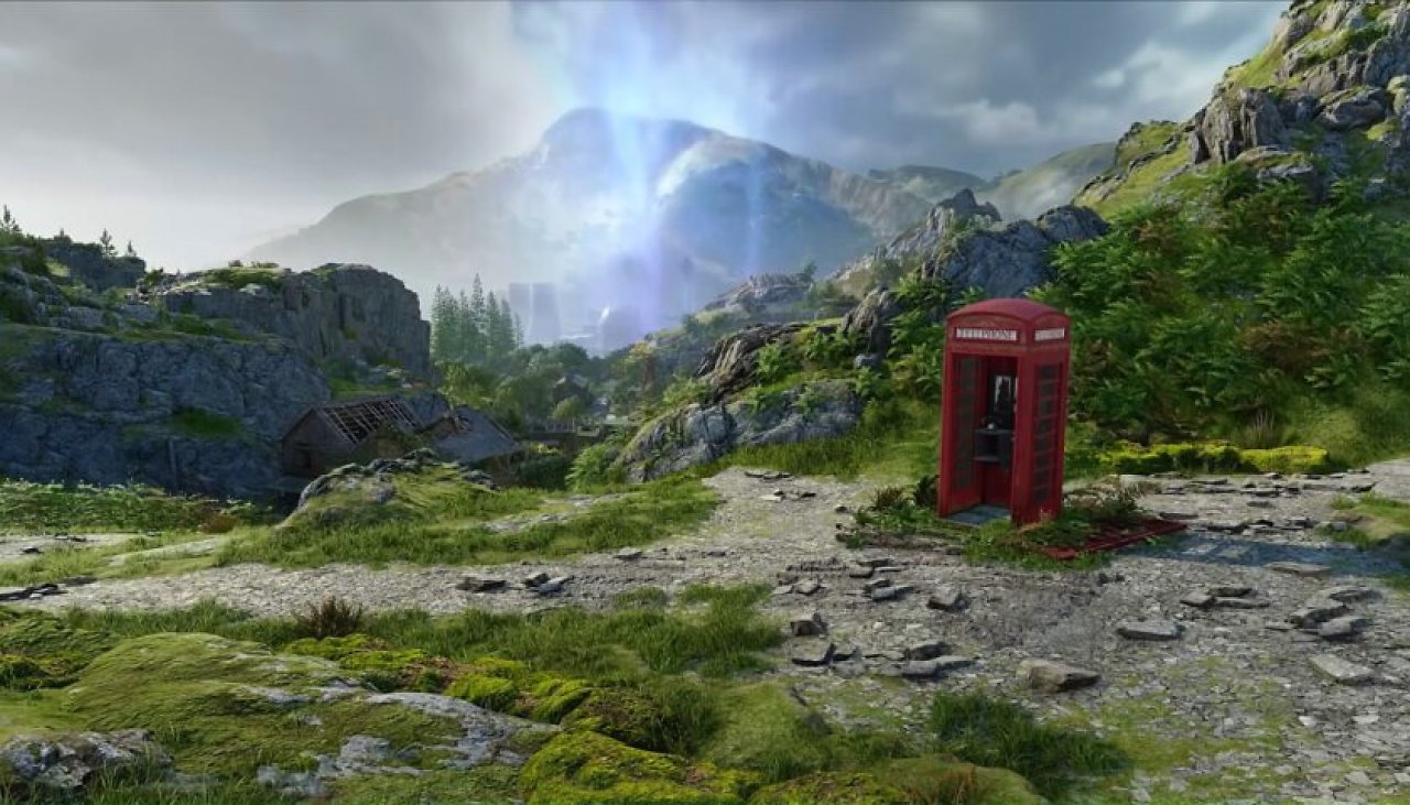 Eine rote Telefonzelle steht in der Gegend rum. Im Hintergrund glüht der havarierte Reaktor.