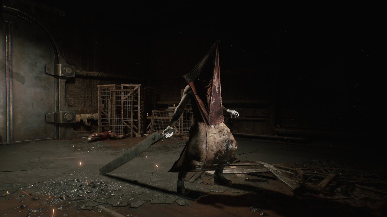 Pyramid Head aus Silent Hill 2 zieht ein riesiges Schwert hinter sich her