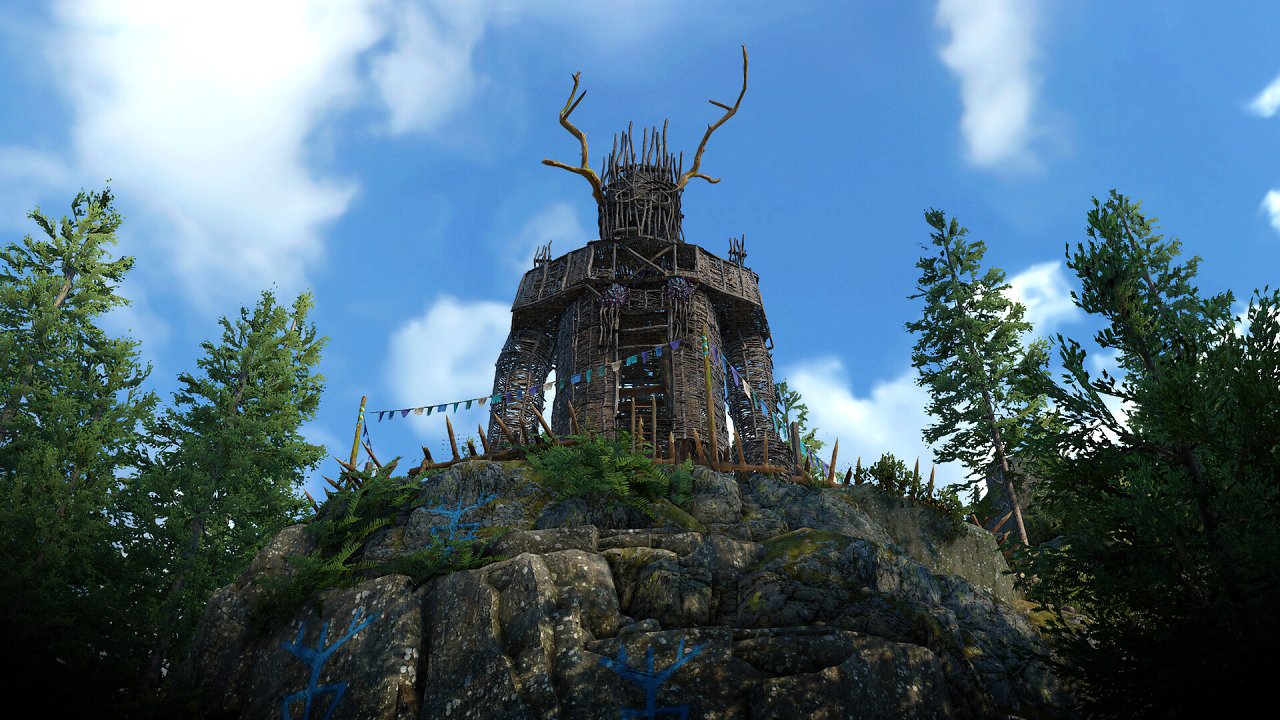 Das Hauptquartier der Druiden mit einer großen Holzstatue.