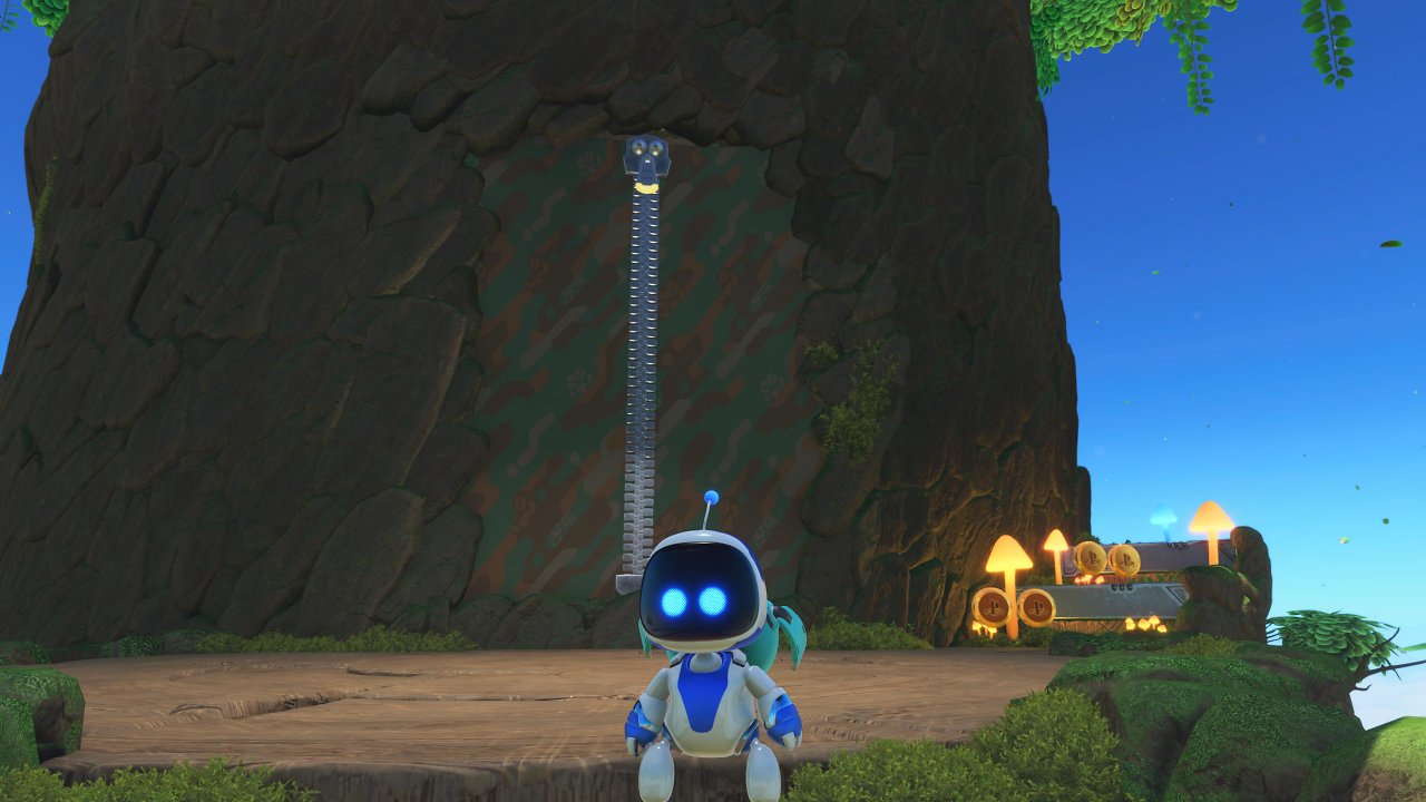 Astro Bot steht vor einem großen Reißverschluss