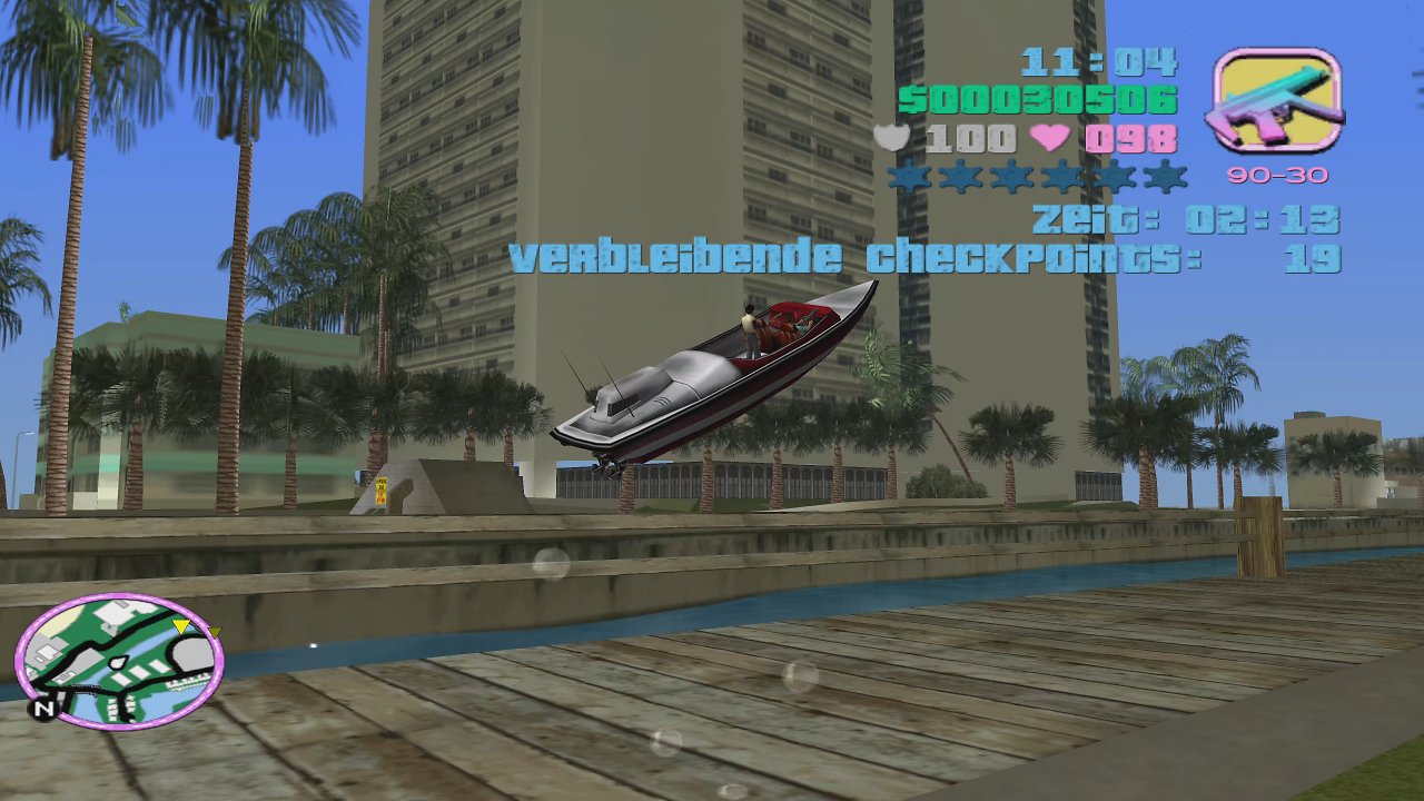 Ein Schnellboot springt über eine Schanze