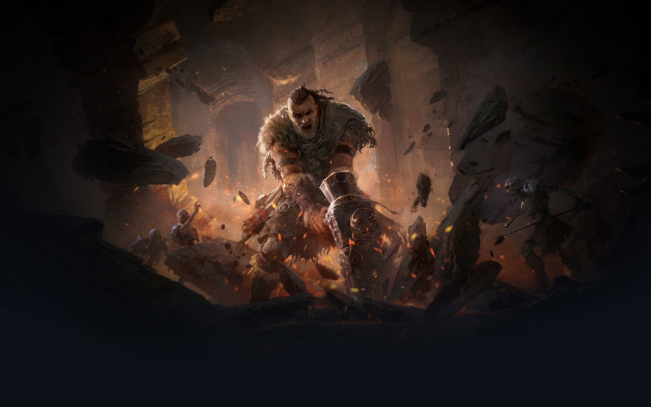 Der Krieger aus Path of Exile 2 zertrümmert Steine mit einem Hammer