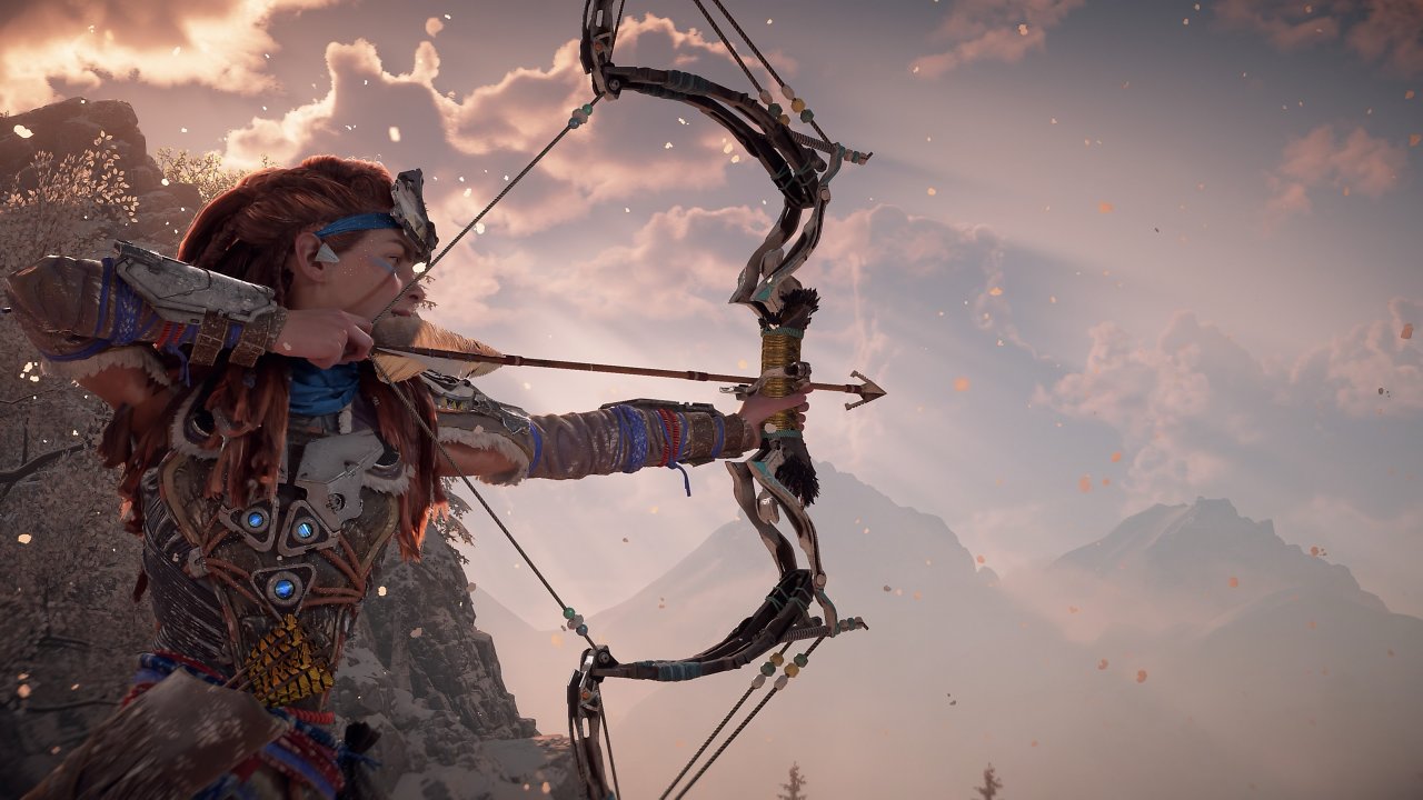 Aloy zielt mit Pfeil und Bogen