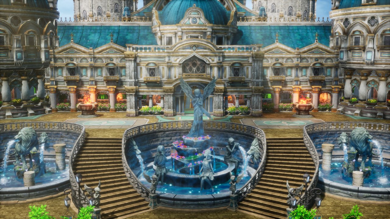 Ein großer Springbrunnen vor einem schönen Haus.