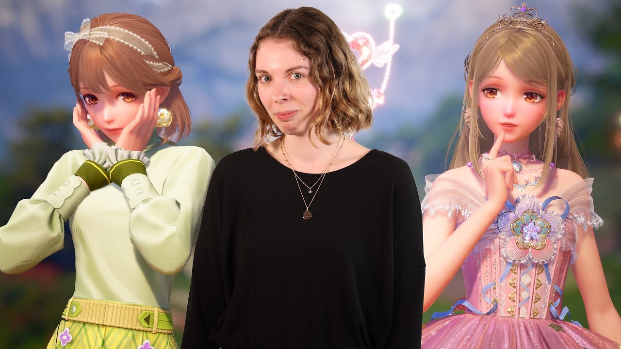 Die Autorin steht zwischen zwei Charakteren aus Infinity Nikki
