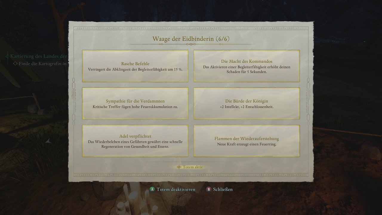 Eine Übersicht mit sechs passiven Boni eines Totems.