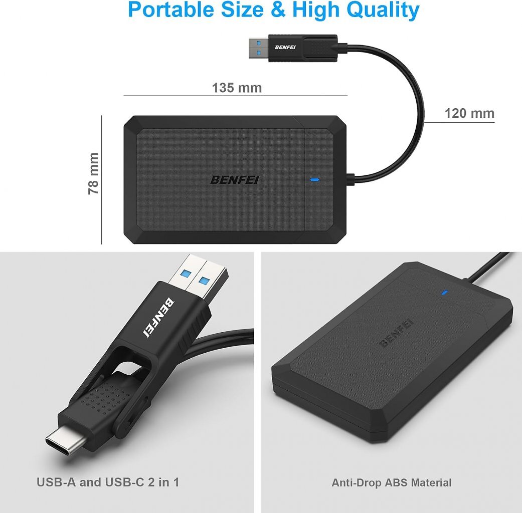Das Benfei-Case zum Bau einer externen Festplatte kommt mit USB-C und -A.