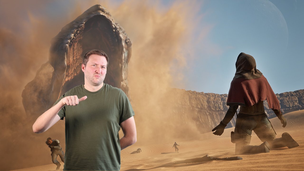 Ein Sandwurm schießt aus dem Sand, ein Mensch kniet flehend am Boden