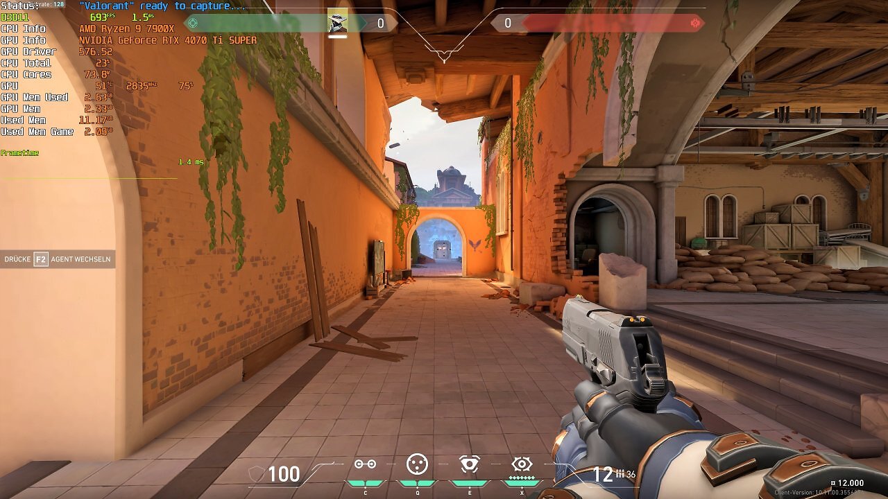 [23/06/2025] Eine Momentaufnahme aus unseren Latenzmessungen. Diese Szene können wir nahezu pixelgenau reproduzieren. Bei freigeschalteten Bildraten liefert unser Testsystem knapp 700 Fps. Die GPU-Auslastung von 75 Prozent weist auf ein CPU-Limit hin.
