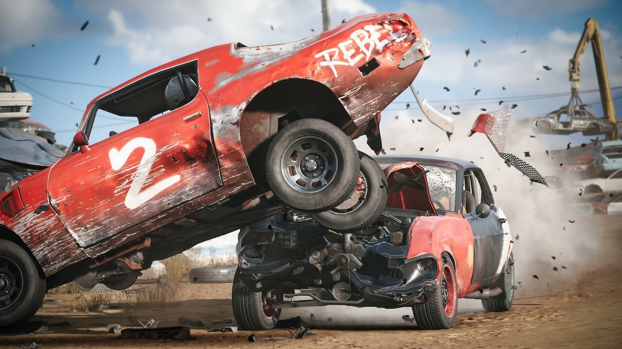 Zwei rote Autos crashen in Wreckfest 2