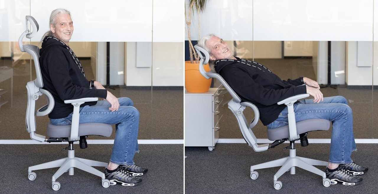 Bei der Synchronmechanik des Deskspace Move im Bild neigt sich die Rückenlehne stärker nach hinten als die Sitzfläche (oft im Verhältnis von etwa 2:1 bis 3:1). Diese differenzierte Bewegung von Sitzfläche und Rückenlehne sorgt für mehr ergonomischen Sitzkomfort als die einfachere Wippmechanik (Asynchronmechanik).