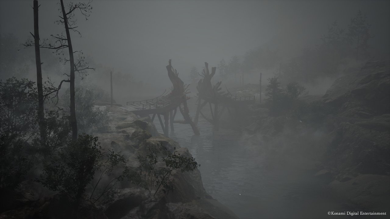 Eine zerstörte Brücke im Nebel.