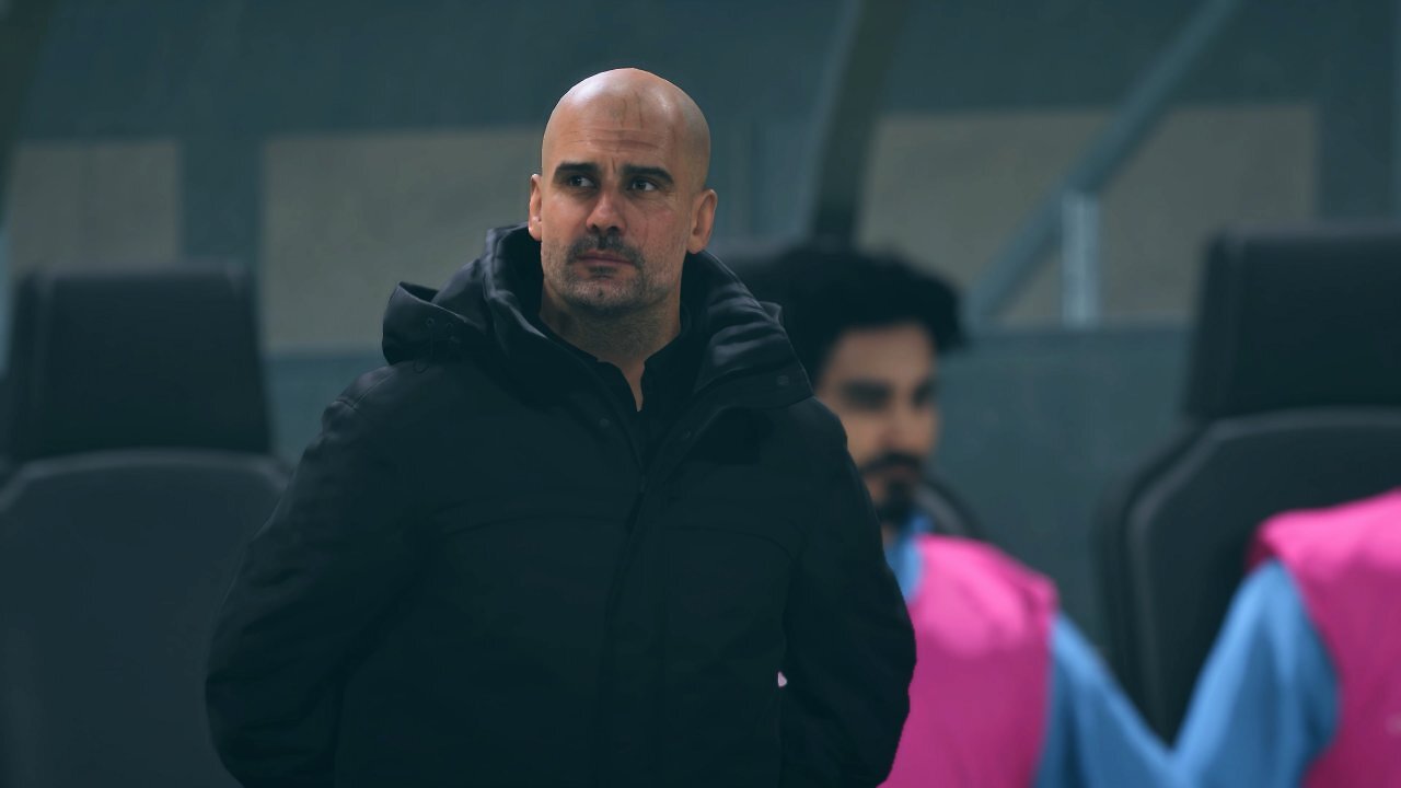 [19/09/2025] Nicht ganz klar, ob Regen oder Schweiß - Pep Guardiola sieht in den Animationen originalgetreu aus.