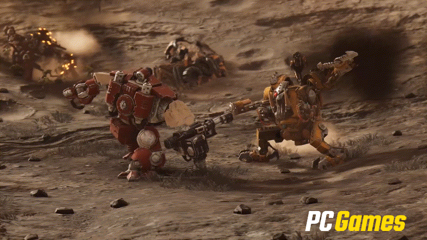 Wunderschön animiert: Zwei Mechs der Space Marines und Orks prügeln sich, ringen miteinander.