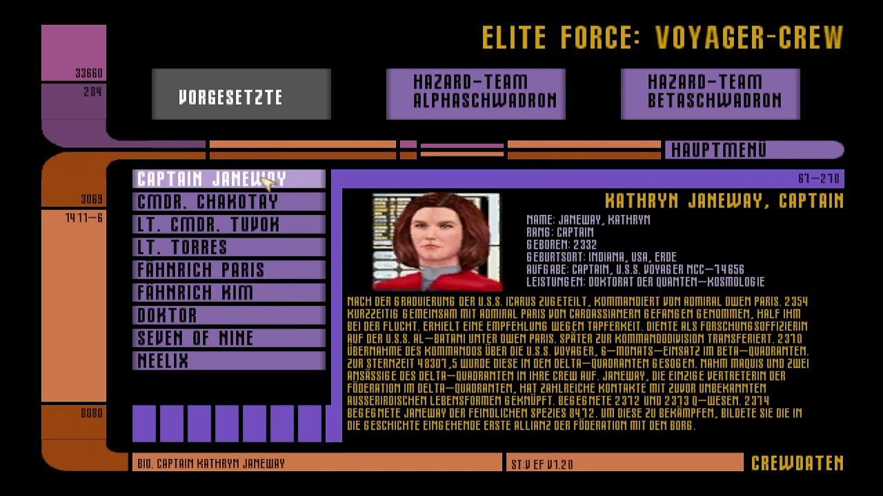 [08/09/2025] Sämtliche Helden der Voyager-Crew sind mit ihren Original-Stimmen vertreten – auch in der deutschen Übersetzung. Ein Glossar im Hauptmenü von Elite Force stellt die Charaktere vor.&nbsp;