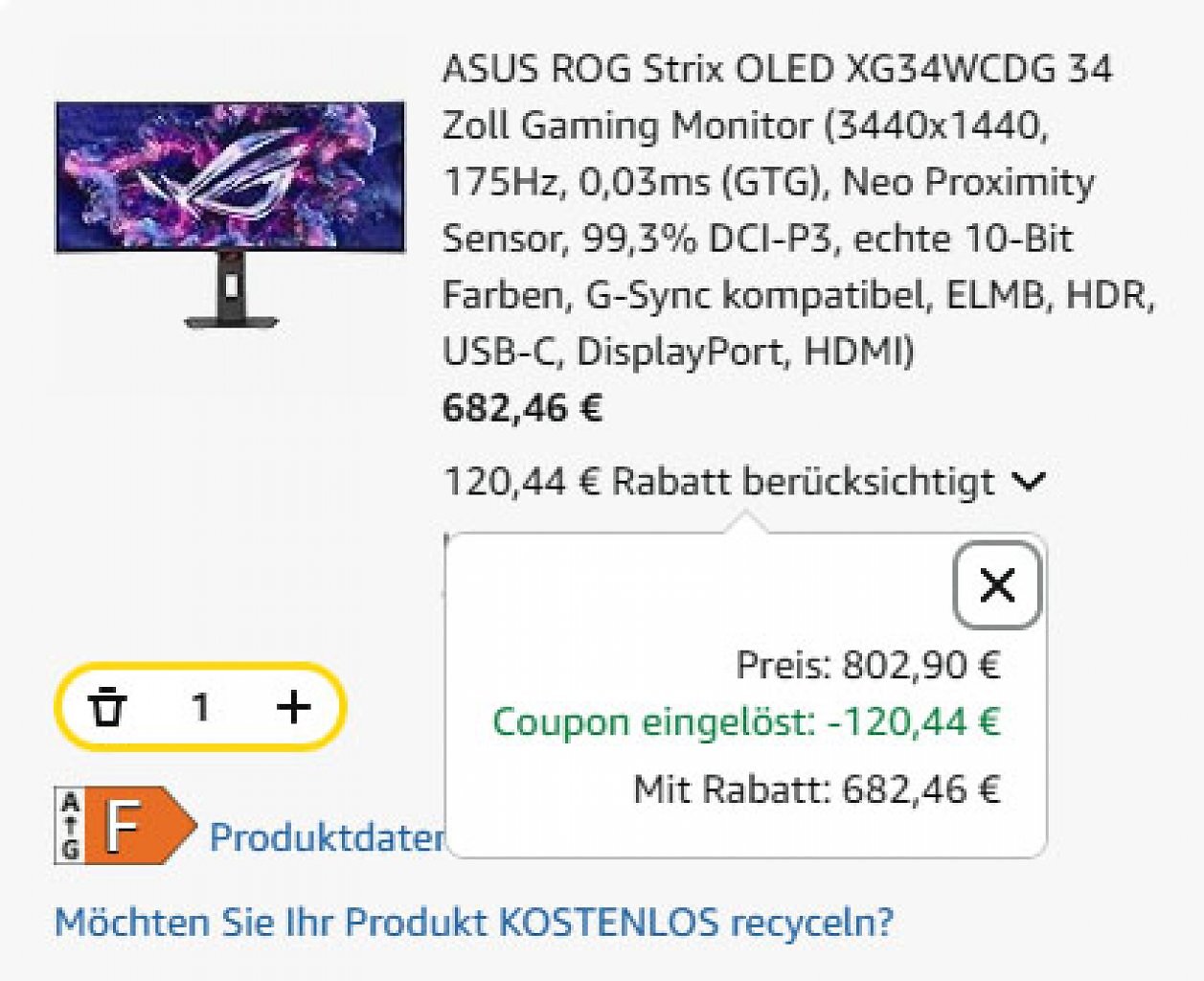 [02/09/2025] Mit dem Gutschein spart ihr über 120 Euro beim Kauf des Asus ROG Strix OLED XG34WCDG bei Amazon.