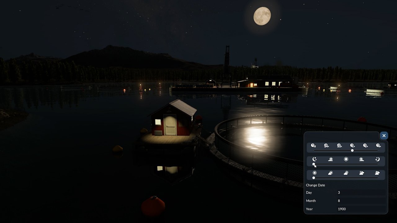 [03/09/2025] Dank der neuen Zeiteinstellung (unten rechts) können wir das Treiben auf dieser Fischfarm auch bei Nacht betrachten.