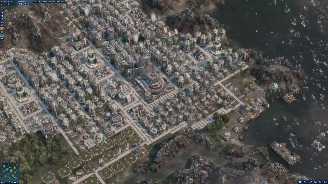 Eine Stadt der Ecos in Anno 2070 mit einem Monumentalbau im Bau.
