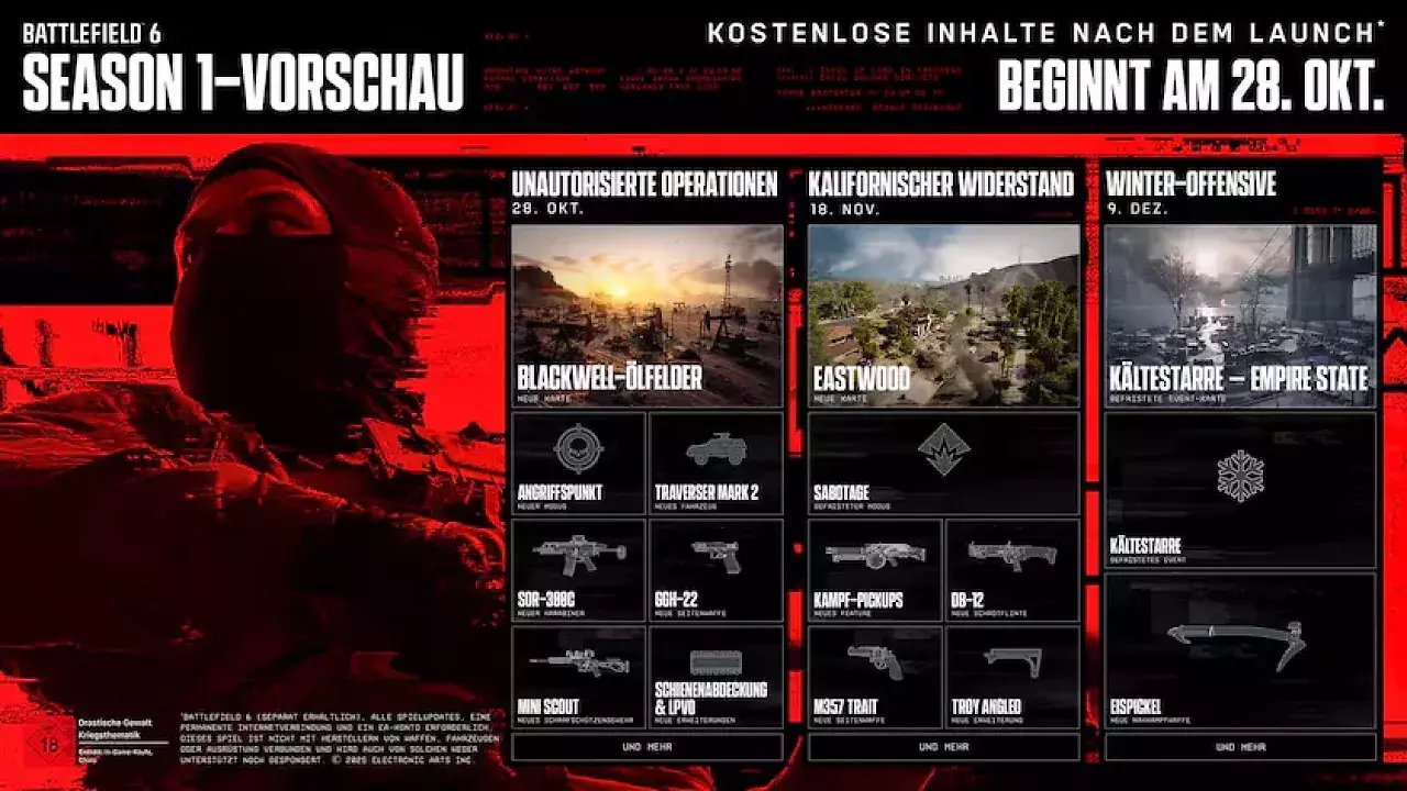 [07/10/2025] Das sind die Inhalte der Season 1 von Battlefield 6, die am 28. Oktober startet und insgesamt drei große Updates umfasst.