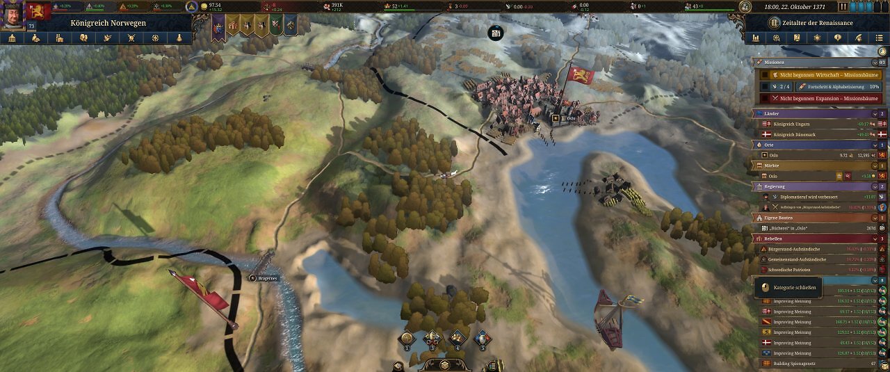 Die Spieloberfläche von Europa Universalis 5: Eine farbige Landkarte mit unzähligen Menüs.