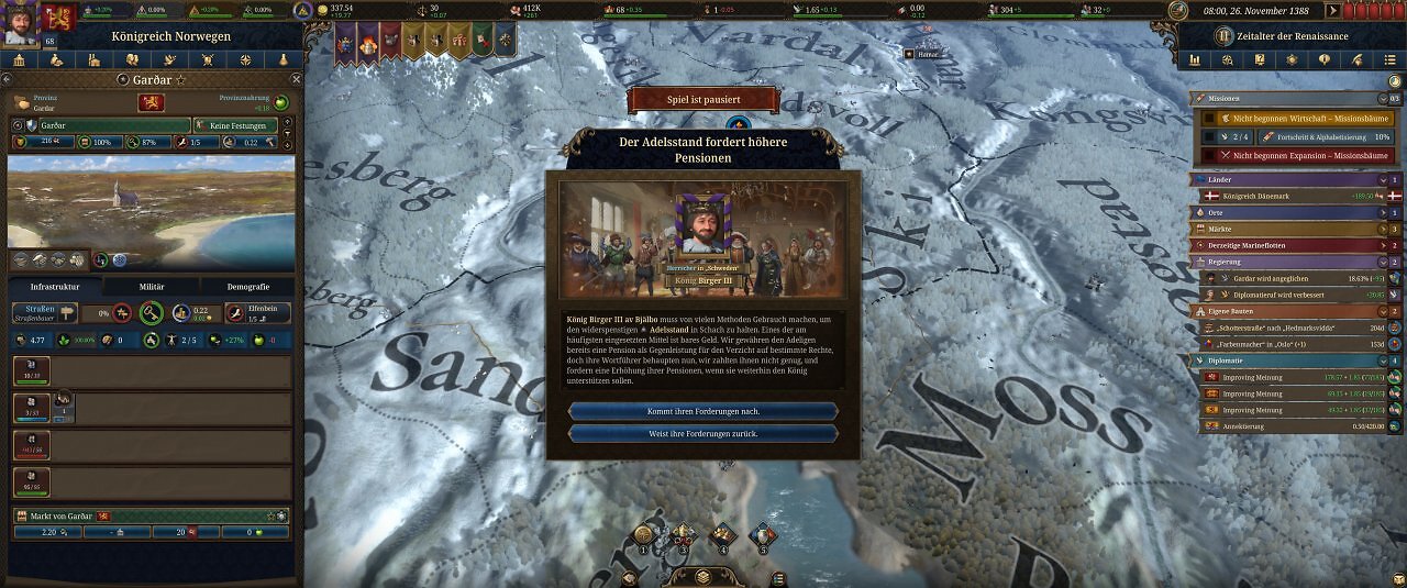 Die Spieloberfläche von Europa Universalis 5: Eine farbige Landkarte mit unzähligen Menüs.