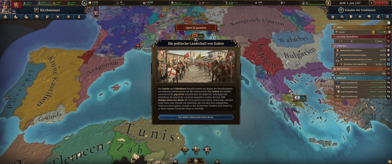 Die Spieloberfläche von Europa Universalis 5: Eine farbige Landkarte mit unzähligen Menüs.