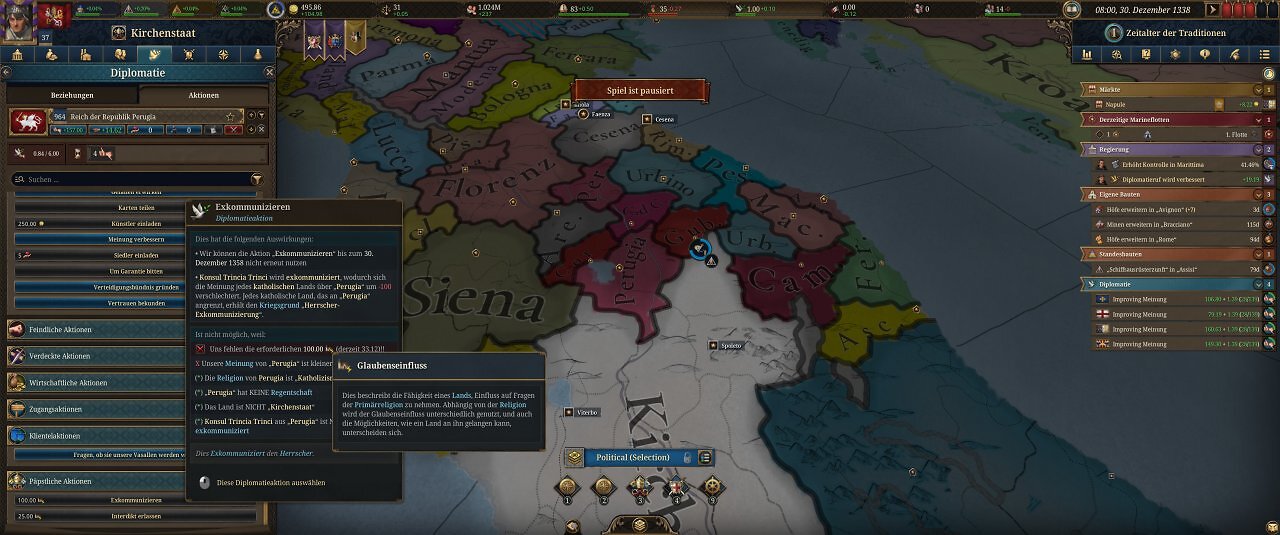 Die Spieloberfläche von Europa Universalis 5: Eine farbige Landkarte mit unzähligen Menüs.