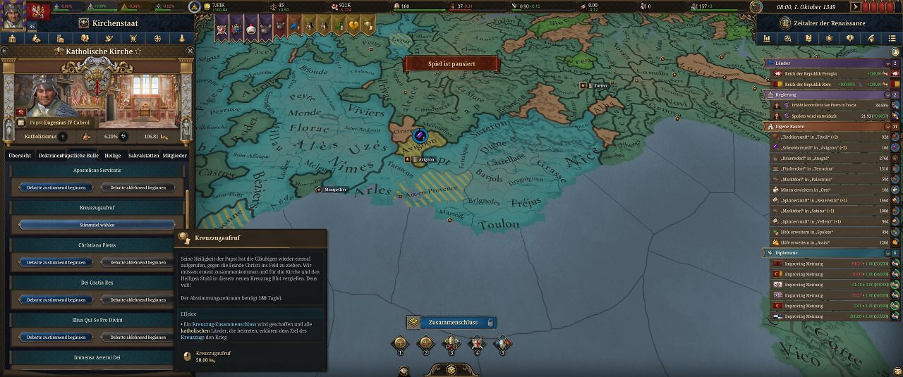 Die Spieloberfläche von Europa Universalis 5: Eine farbige Landkarte mit unzähligen Menüs.