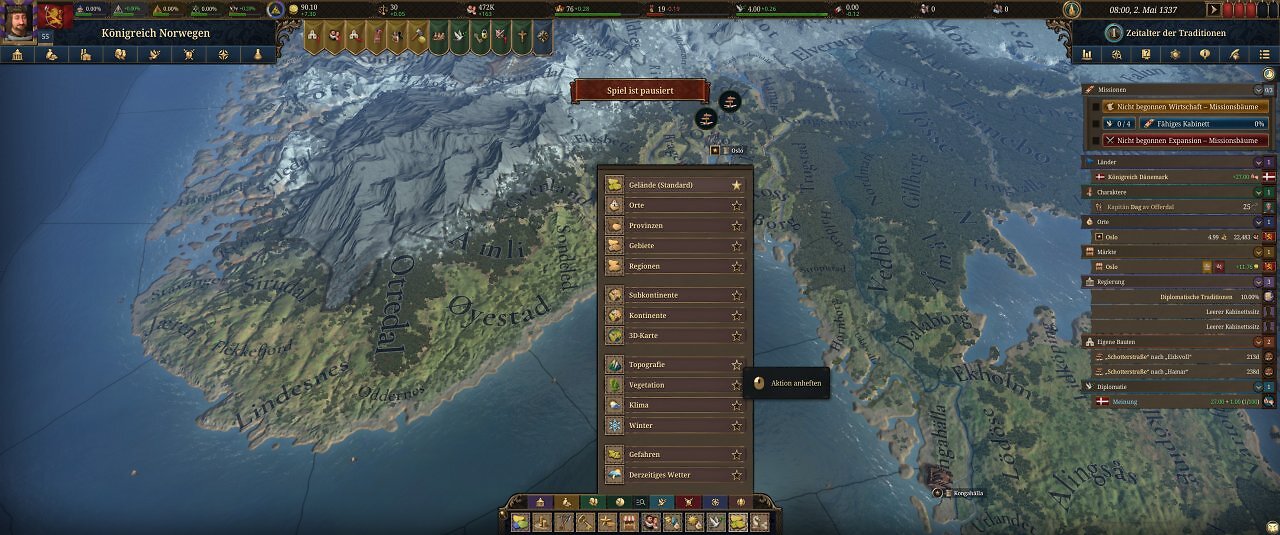 Die Spieloberfläche von Europa Universalis 5: Eine farbige Landkarte mit unzähligen Menüs.