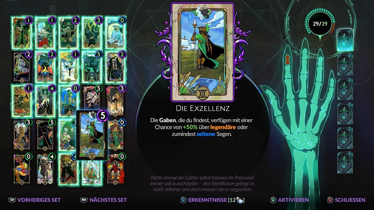 Aus diesen magischen Karten - den Arkana - stellt ihr euch ein Deck zusammen, das euch mächtige passive Boni verleiht.