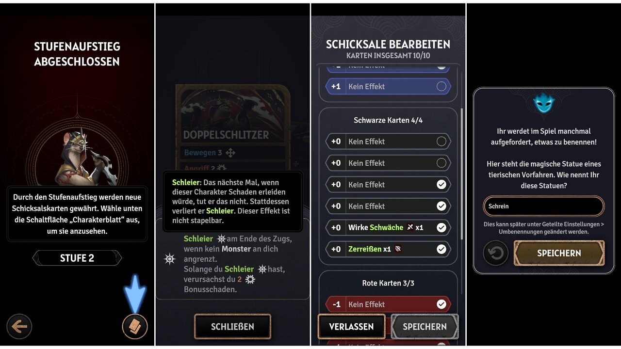 Nach Missionen gibt es natürlich Level-ups, wodurch man neue Karten für sein Deck bekommt, mit dem man die rundenbasierten Kämpfe bestreitet. Das witzigste Feature ist aber die Benennung von Orten, Gegenständen und Gegnern.