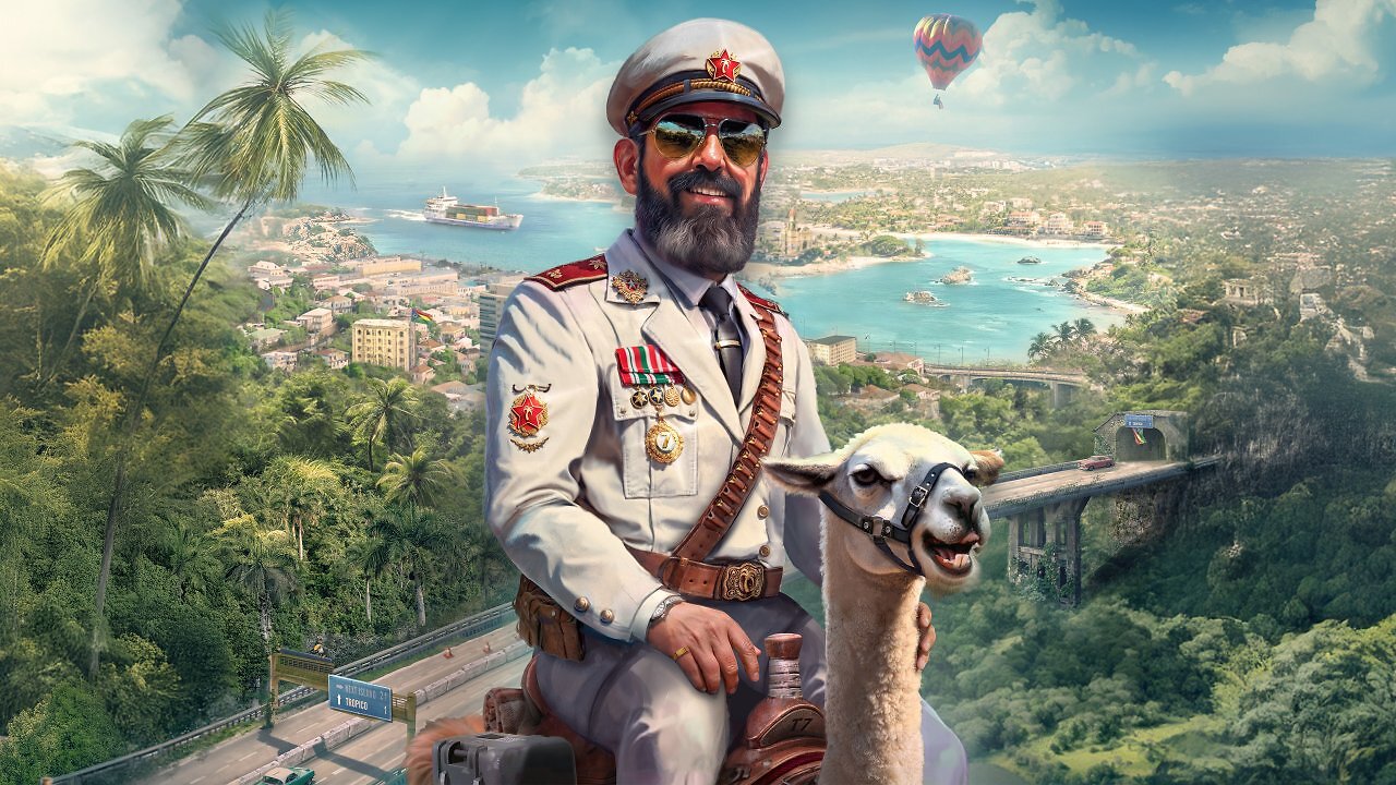 El Presidente aus Tropico 7 auf einem Lama - im Hintergrund eine Bucht, Dschungel und Stadt