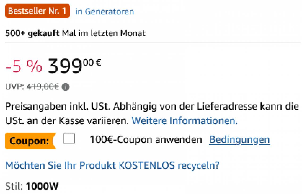[18/11/2025] Simples Anklicken auf der Produktseite genügt, um 100 Euro durch den Coupon zu sparen.