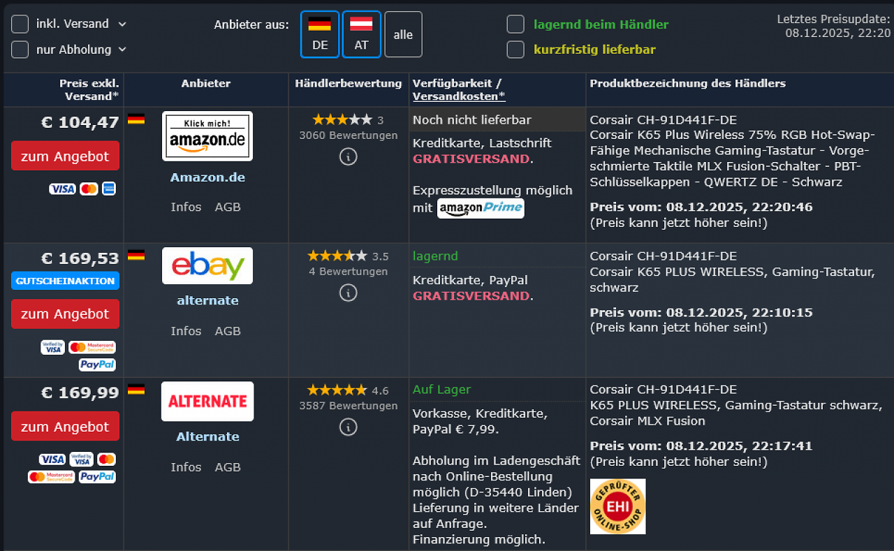 [08/12/2025] Amazon ist der mit Abstand günstigste Händler, der die Gaming-Tastatur von Corsair anbietet.
