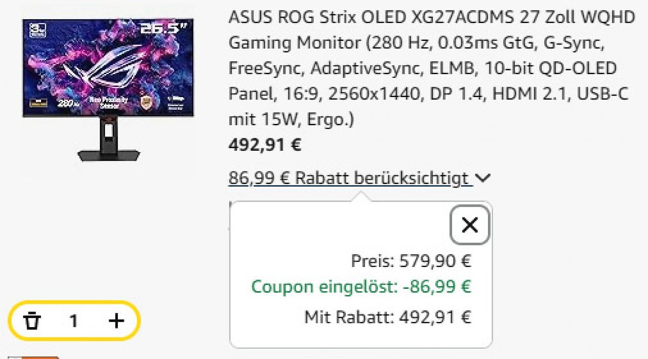 [26/01/2026] Der Coupon senkt den Kaufpreis um 86,99 auf 492,91 Euro.
