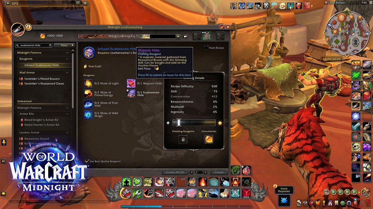 [25/01/2026] Die versteckten Kosten des hochwertigen Reagenz für epische Crafts in WoW Midnight: Erfüllter schuppengewebter Balg wird nicht einfach nur hergestellt - er wird durch mehrere Schritte zusammengesetzt, inklusive Majestätischem Fell, das von mit speziellen Fischködern anzulockenden seltenen Bestien gekürschnert wird, bis hin zu acht verschiedenen Partikeln, die aus mehreren Zonen stammen.