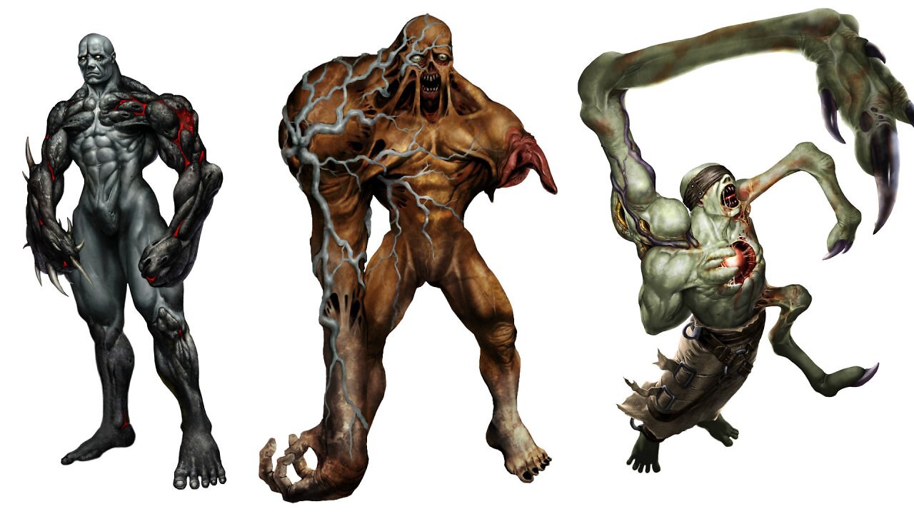 Mehrere Monster aus Resident Evil auf weißem Grund
