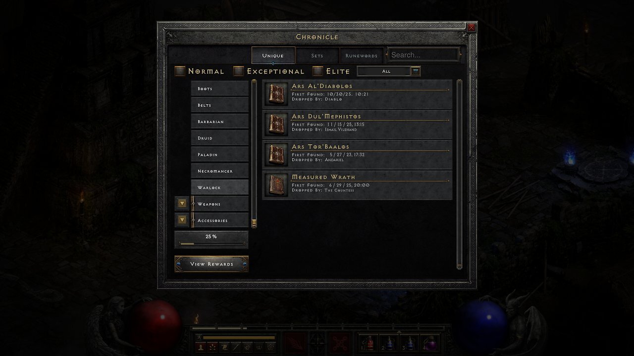 Die Chronik funktioniert wie ein Loot-Tagebuch für euren Charakter. Sogar Runenwörter werden sauber aufgelistet.