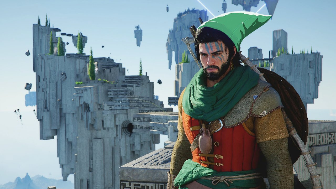 Protagonist Kliff steht auf den Himmelsinseln und trägt die Mütze von Link aus The Legend of Zelda.