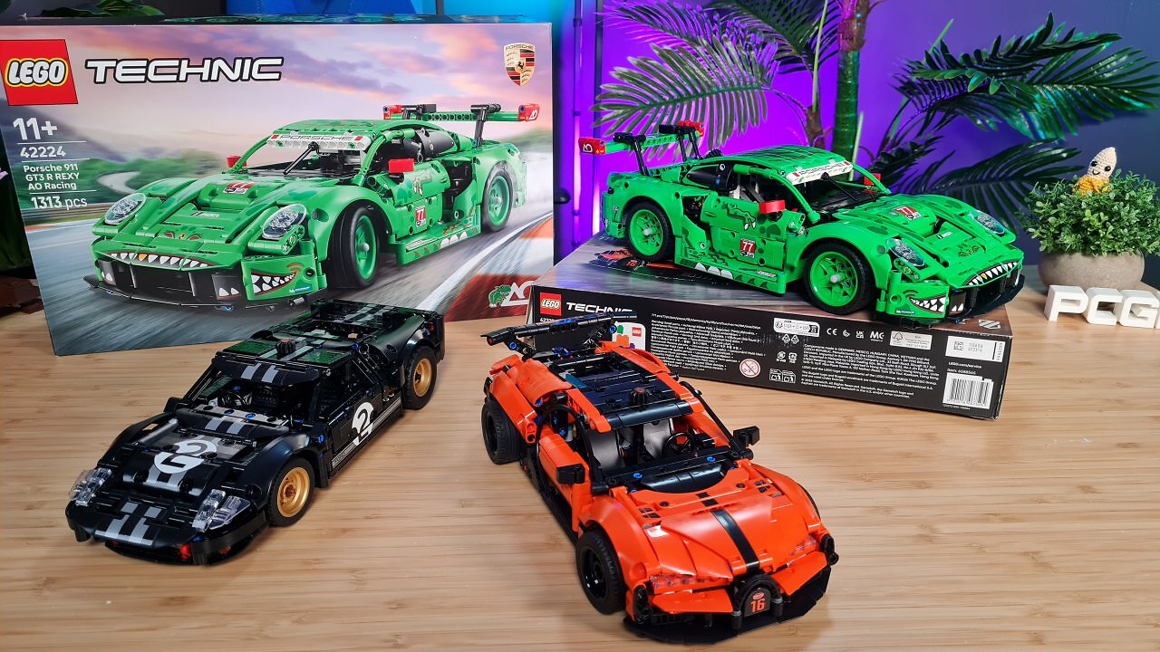 Die Lego-Autos Bugatti Chiron Pur Sport, 1966 Ford GT40 MKII und Porsche 911 GT3 R REXY AO auf einem Holztisch
