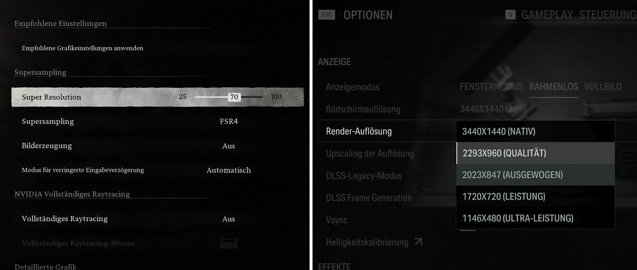 FSR-Optionen: Links Black Myth Wukong, rechts Alan Wake 2