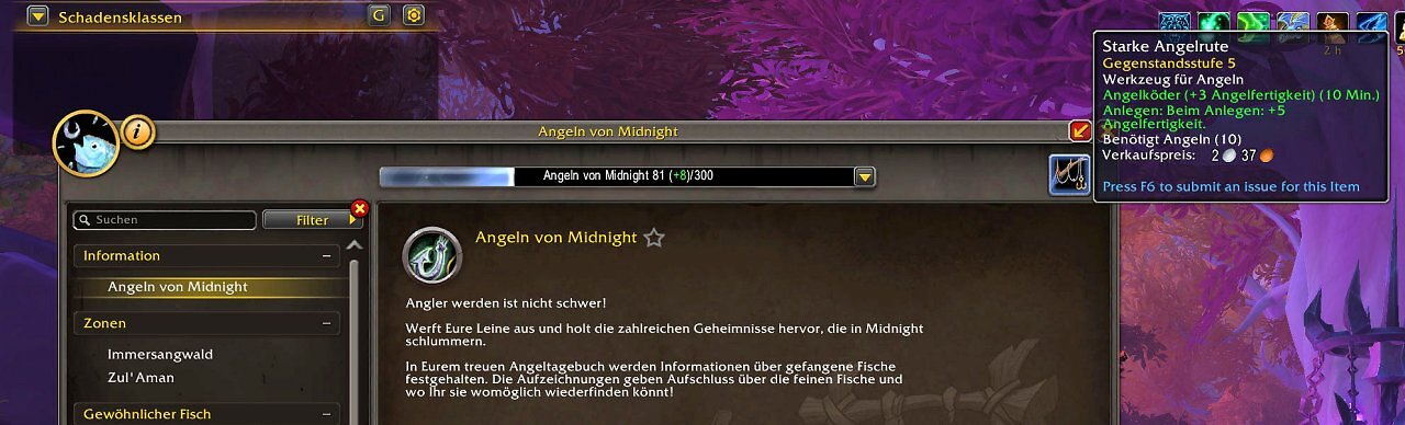 [02/03/2026] Das Angeltagebuch von WoW Midnight zeigt Fortschritt, Zonen, Fischarten und aktive Ausrüstungsboni - über Angelrute und Köder lässt sich die effektive Angelfertigkeit direkt im Interface erhöhen.