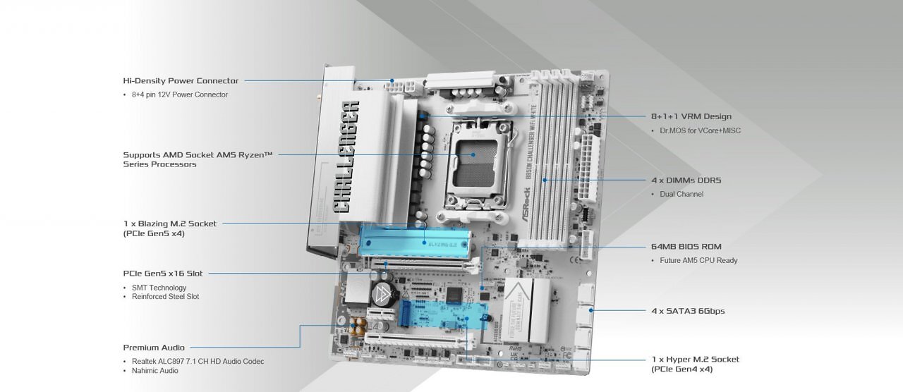 ASRock B850M Challenger WiFi White: AM5-Micro-ATX-Mainboard für weiße Builds