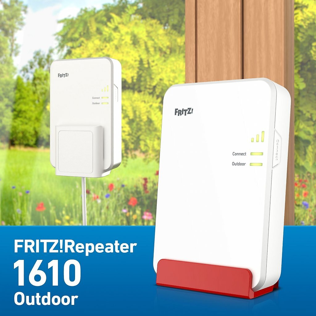 [24/04/2026] Der FritzRepeater 1610 kann außen und innen (mit rotem Standfuß) genutzt werden.