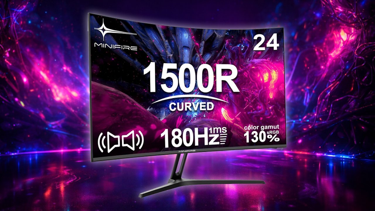 [09/04/2026] Minifire 24 Zoll Curved Gaming Monitor 180Hz, 1ms, FHD PC Bildschirm 1500R, Mit Lautsprechern, FreeSync, HDR, 130% sRGB, Rahmenlos, HDMI1.4/DP1.2 Ports -Schwarz (MFG24C1 mit HDMI-Kabel) Amazon Angebot