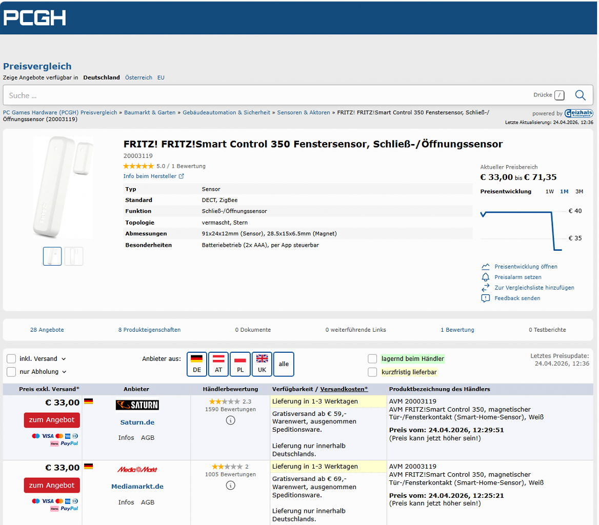 [24/04/2026] PCGH-Preisvergleich zum FritzSmart Control 350 zeigt, dass es diesen smarten Fenstersensor nirgendwo günstiger gibt, als bei MediaMarkt (Stand: 24.04.2026)