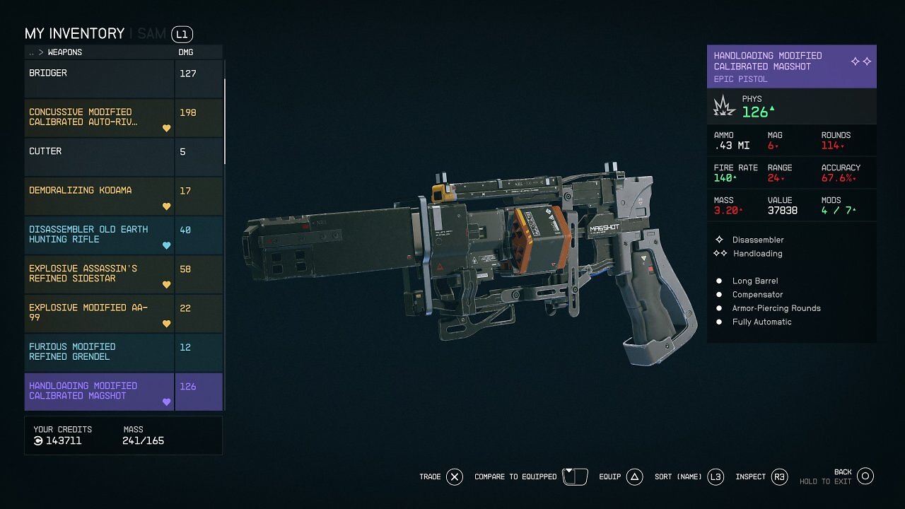 Eine Waffe im Inventar von Starfield