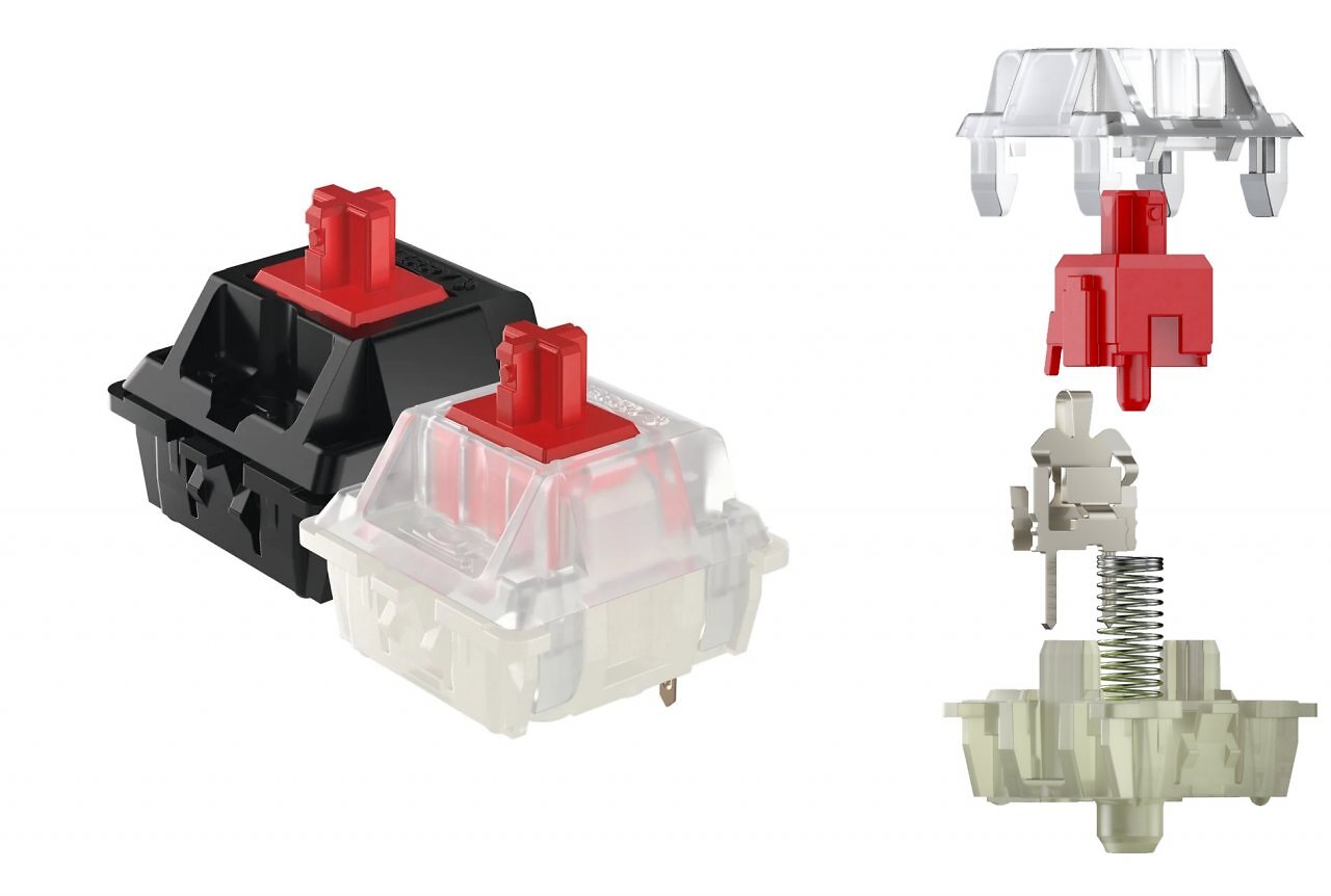 Cherry lineare Switches und ihr Aufbau mit Gehäusebasis, Metallfeder, Auslösekonstruktion, Stem und Deckel.